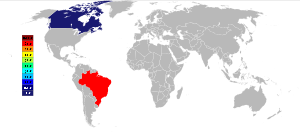 Carte gris et blanc monde avec le Brésil de couleur rouge représentant 90% de la production mondiale et le niobium Canada colorée en bleu foncé représente 5% de la production mondiale de niobium