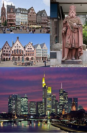 Skyline de Francfort am Main, à droite en haut de gauche à droite: Façade de la cathédrale Römer et Francfort, Statue de Charlemagne à Francfort Musée historique, Vue de Francfort horizon et rivière Main