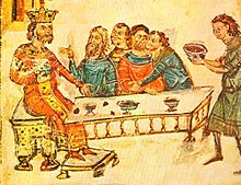 Krum festoyer avec ses nobles après la bataille de Pliska, détail de la chronique Manassé