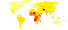Une carte du monde avec un peu loin du rouge foncé en Afrique, couleurs orange dans certaines parties d'Asie et d'Amérique du Sud, et jaune en Europe et en Amérique du Nord