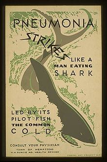 Une affiche avec un requin au milieu de celui-ci qui se lit