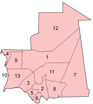 Une carte cliquable de la Mauritanie présentant ses douze régions et un district de la capitale.