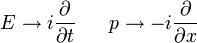 E \ rightarrow i {\ \ partiel sur \ t partielle} \; \; \; \; \; \; p \ rightarrow -i {\ \ partiel sur \ x partielle}