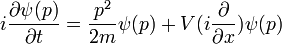 i {\ partial \ psi (p) \ over \ t partielle} = {p ^ 2 \ 2m} \ psi (p) + V (i {\ \ partiel sur \ x partielle}) \ psi (p)