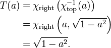 \ Begin {align} T (a) & = \ chi _ {\ mathrm {droite}} \ left (\ chi _ {\ mathrm {haut}} ^ {- 1} (a) \ right) \\ & = \ chi_ { \ mathrm {droite}} \ left (a, \ sqrt {1-a ^ 2} \ right) = \\ & \ sqrt {1-a ^ 2}. \ End {align}
