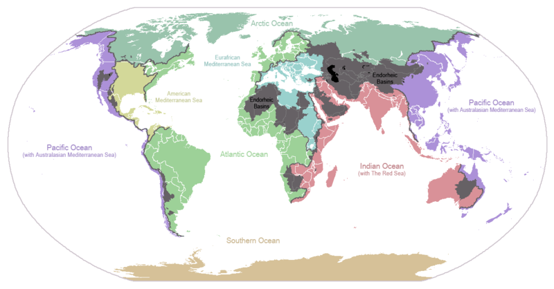 Divisions continentales majeures, montrant le drainage dans les grands océans et les mers du monde. Les zones grises sont des bassins endoréiques qui ne drainent pas l'océan.