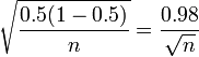 \ Sqrt {\ frac {0,5 (1 à 0,5)} {n}} = \ frac {0,98} {\ sqrt {n}}