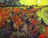 ouvriers peinent dans le domaine, avec tous, mais une sur pied et l'autre tenaient une bête charrette; un courbes des rivières dans et hors de la scène de la partie supérieure droite avec une personne en elle et le soleil est bien visible entre l'éclairage jaune; les domaines de premier plan sont multicolores et les champs de fond sont jaunâtres.