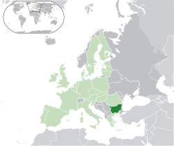 Localisation de la Bulgarie (vert) - en Europe (vert clair et gris) - dans l'Union européenne (vert clair) - [Légende]