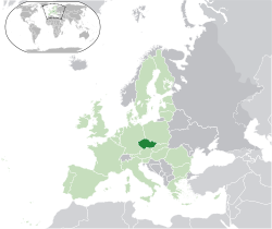 Localisation de la République tchèque (vert foncé) - en Europe (vert et gris foncé) - dans l'Union européenne (vert) - [Légende]