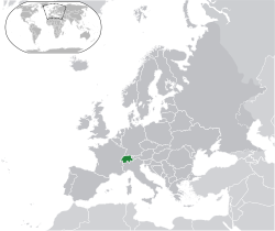 Localisation de la Suisse (vert) en Europe (gris foncé) - [Légende]