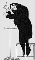 Caricatura de un hombre en traje de noche, visto desde su izquierda; que lleva un gran clavel en la solapa y está llevando a cabo una orquesta de puntillas