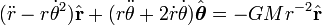 (\ Ddot r - r \ dot \ theta ^ 2) \ hat {\ mathbf {r}} + (r \ ddot \ theta + 2 \ dot r \ dot \ theta) \ hat {\ boldsymbol \ theta} = -GMr ^ {- 2} \ hat {\ mathbf {r}}