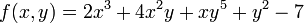 f (x, y) = 2x ^ 3 + 4x ^ 2y + xy + y ^ 5 ^ 2-7