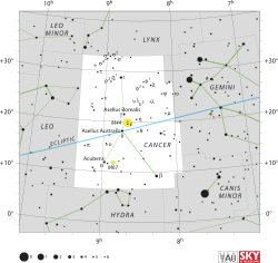 Diagrama que muestra posiciones de las estrellas y los límites de la constelación de Cáncer y sus alrededores