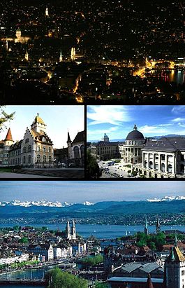 Zurich - Arriba: Vista nocturna de Zurich desde Üetliberg, Oriente izquierda: Museo Nacional, a la derecha Secundaria: Instituto Federal Suizo de Tecnología, Bottom: Vista sobre Zúrich y el lago.