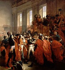 Bonaparte en un uniforme simple y general en medio de una avalancha de miembros de rojo robado del Consejo de los Quinientos