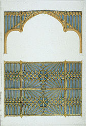Dos diseños para un techo, una que muestra una vista lateral de la estructura y la decoración; la parte inferior que muestra cómo aparecería desde abajo. El techo está decorado con una red de arcos góticos en oro sobre un fondo azul.