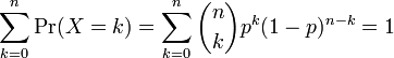 \ Sum_ {k = 0} ^ n \ operatorname {Pr} (X = k) = \ sum_ {k = 0} ^ {n n \ elegir k} p ^ k (1-p) ^ {nk} = 1