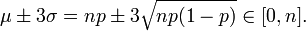 \ Mu pm \ 3 \ sigma = np \ pm 3 \ sqrt {np (1-p)} \ in [0, n].