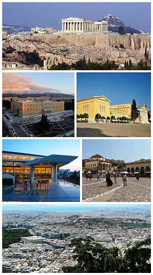 De arriba a la izquierda: la Acrópolis, el Parlamento griego, el Zappeion, el Museo de la Acrópolis, la plaza Monastiraki, Atenas vista hacia el mar.