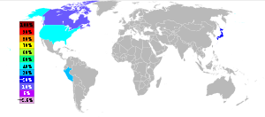 Gris y blanco mapa del mundo con cuatro países de colores para mostrar el porcentaje de la producción mundial de telurio. Nos permite producir un 40%; Perú 30%; Japón 20% y Canadá el 10%.