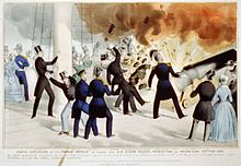 Historical illustration of the Princeton cannon explosion, with dozens of guests aboard. El subtítulo lee