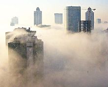 Rascacielos, cerca y lejos, se elevan por encima de una densa capa de niebla que mantiene el suelo oculto a la vista.