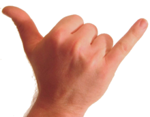 Foto de la parte posterior de la muñeca y la mano humanas. El pulgar y el meñique se extienden y los otros dedos se doblan contra la palma.