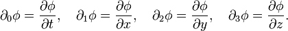 \ Partial_0 \ phi = \ frac {\ partial \ phi} {\ t parcial}, \ quad \ partial_1 \ phi = \ frac {\ partial \ phi} {\ x parcial}, \ quad \ partial_2 \ phi = \ frac { \ partial \ phi} {\ y parcial}, \ quad \ partial_3 \ phi = \ frac {\ partial \ phi} {\ z parcial}.