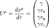 T ^ \ mu = \ frac {dx ^ \ mu} {d \ tau} = \ begin {pmatrix} \ gamma \\ \ gamma v_x \\ \ gamma v_y \\ \ gamma V_Z \ end {pmatrix}