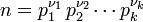 n = p_1 ^ {\ nu_1} \, p_2 ^ {\ nu_2} \ cdots p_k ^ {\ nu_k}