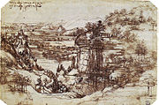 Dibujo de la pluma de un paisaje con montañas, un río en un valle profundo, y un pequeño castillo.