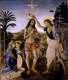 Pintura que muestra a Jesús, desnudo salvo por un taparrabos, de pie en un arroyo poco profundo en un paisaje rocoso, mientras que a la derecha, Juan el Bautista, identificable por la cruz que lleva, consejos de agua sobre la cabeza de Jesús. Dos ángeles se arrodillan a la izquierda. Por encima de Jesús son las manos de Dios, y una paloma descendente.
