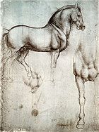 Una página con dos dibujos de un caballo de guerra, una desde el costado, y el otro que muestra el pecho y la pierna derecha.