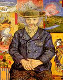 Retrato de un hombre de un hombre con barba mirando hacia adelante, sosteniendo sus manos en su regazo; con un sombrero, capa azul, beige camisa con cuello y pantalones marrones; sentado delante de un fondo con varios azulejos de arte temática del Lejano Oriente y la naturaleza.