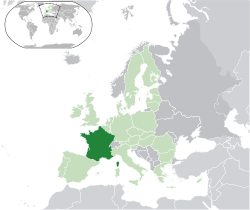 Localización de Francia metropolitana (verde oscuro) - en Europa (verde y gris oscuro) - en la Unión Europea (verde) - [Leyenda]