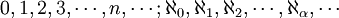 0, 1, 2, 3, \ cdots, n, \ cdots; \ aleph_0, \ aleph_1, \ aleph_2, \ cdots, \ aleph _ {\ alpha}, \ cdots