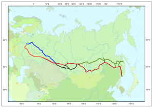 Línea del Transiberiano en rojo; Baikal Amur en verde