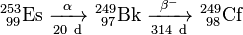 \ Mathrm {^ {253} _ {\ 99} Es \ \ xrightarrow [20 \ d] {\ alpha} \ ^ {249} _ {\ 97} Bk \ \ xrightarrow [314 \ d] {\ beta ^ -} \ ^ {249} _ {\ 98} Cf}