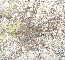 Un viejo mapa Ordnance Survey of Bristol, mostrando carreteras, ferrocarriles, ríos y contornos.