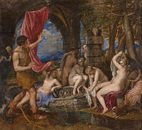 La pintura de un hombre pasa con un grupo de mujeres desnudas, bañando en un espacio-gruta.