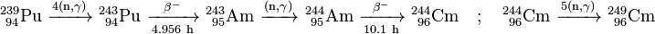 \ Mathrm {^ {239} _ {\ 94} Pu \ \ xrightarrow {4 (n, \ gamma)} \ ^ {243} _ {\ 94} Pu \ \ xrightarrow [4,956 \ h] {\ beta ^ -} \ ^ {243} _ {\ 95} Am \ \ xrightarrow {(n, \ gamma)} \ ^ {244} _ {\ 95} Am \ \ xrightarrow [10,1 \ h] {\ beta ^ -} \ ^ { 244} _ {\ 96} Cm} \ quad; \ Quad \ mathrm {^ {244} _ {\ 96} Cm \ \ xrightarrow {5 (n, \ gamma)} \ ^ {249} _ {\ 96} Cm}