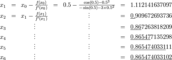 \ Begin {matriz} x_1 y = & x 0 - \ frac {f (x 0)} {f '(x 0)} & = & 0.5 - \ frac {\ cos (0,5) - 0,5 ^ 3} {- \ pecado (0,5 ) - 3 \ times 0,5 ^ 2} & = & 1,112141637097 \\ x_2 y = & x 1 - \ frac {f (x 1)} {f '(x 1)} & & \ vdots & = y \ underline {0} 909672693736 \\ x_3 & & \ vdots & & \ vdots & = y \ underline {0,86} 7263818209 \\ x_4 & & \ vdots & & \ vdots & = y \ underline {} 0.86547 7135298 \\ x_5 & & \ vdots & & \ vdots & = y \ underline {} 0,8654740331 11 \\ x_6 & & \ vdots & & \ vdots & = y \ underline {0,865474033102} \ end {matriz}