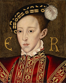 Retrato formal en el estilo isabelino de Edward en su adolescencia. Él tiene una cara larga y puntiaguda, con rasgos finos, ojos oscuros y una pequeña boca llena.