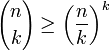 {N \ choose k} \ ge \ dejó (\ frac {n} {k} \ right) ^ k