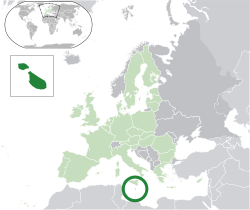 Ubicación de Malta (verde oscuro) - en Europa (verde y gris oscuro) - en la Unión Europea (verde) - [Leyenda]