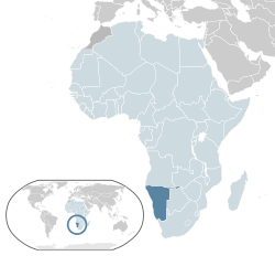 Ubicación de Namibia (azul oscuro) - en África (azul y oscuro gris claro) - en la Unión Africana (azul claro)
