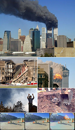 Un montaje de ocho imágenes de la representación, de arriba a abajo, las torres del World Trade Center en llamas, la sección derrumbada del Pentágono, la explosión impacto en la torre sur, un trabajador de rescate de pie delante de los escombros de las torres se derrumbaron, un desentierro excavadora un motor de jet se estrelló, tres cuadros de video del avión que representa golpeando el Pentágono.