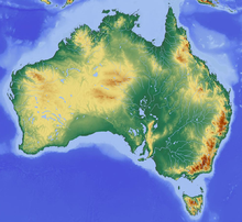 Mapa que muestra la topografía de Australia, que muestra una cierta elevación en el oeste y muy alta elevación en las montañas en el sureste
